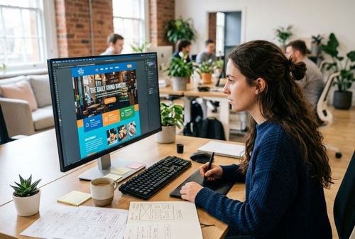Osoba sedí u stolu v moderní kanceláři a pracuje na počítači. Na obrazovce je zobrazen design webové stránky. Na stole jsou poznámky, klávesnice, myš a šálek. V pozadí jsou další lidé a rostliny.