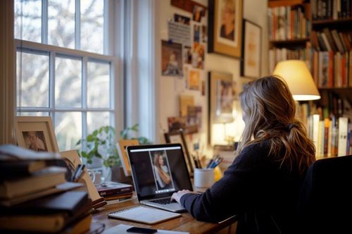 Žena sedí u stolu a pracuje na laptopu v útulně zařízené místnosti s knihami a osobními předměty.