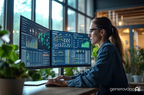 Osoba sedící u stolu pracuje na dvou velkých monitorech, na kterých jsou zobrazeny grafy a data.