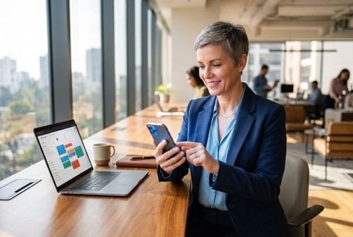 Žena v obchodním obleku sedí u stolu v moderní kanceláři, drží chytrý telefon a usmívá se. Na stole před ní je otevřený laptop a šálek kávy. V pozadí jsou velká okna s výhledem na město.
