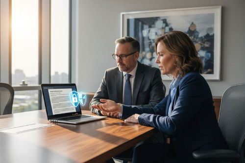Na obrázku jsou dva lidé v profesionálním oblečení sedící u stolu v kanceláři. Před nimi je otevřený notebook s obrázkem zámku a štítu na obrazovce, naznačující důraz na bezpečnost nebo ochranu dat. V pozadí je velké okno s výhledem na město.