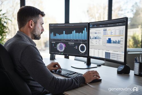 Muž sedící u stolu pracuje na počítači se dvěma monitory, na kterých jsou zobrazeny grafy a tabulky.
