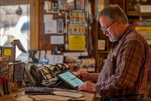 Muž stojí u pultu a používá tablet. Je oblečen v kostkované košili a má brýle. Na pultu jsou další předměty, jako telefon a klávesnice.