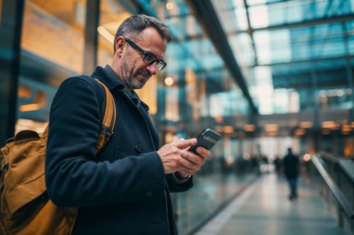 Muž v brýlích s batohem používá mobilní telefon na veřejném místě s moderní architekturou.