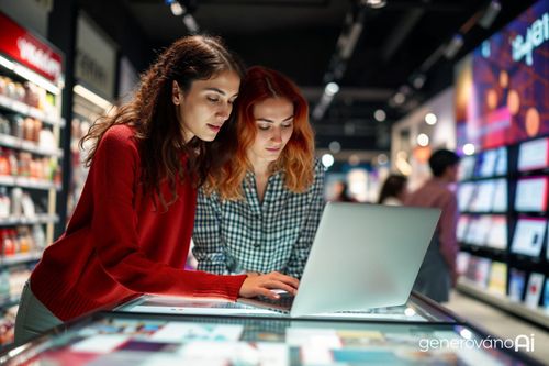Dvě ženy se soustředěně dívají na otevřený notebook v obchodě s elektronikou. Jedna má červený svetr a druhá kostkovanou košili.