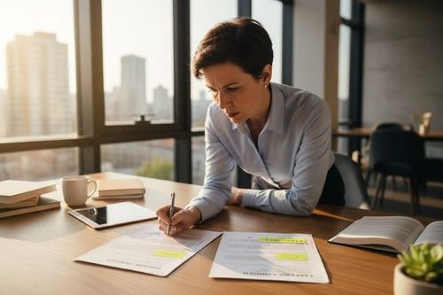 Žena v kanceláři se sklání nad stolem a píše poznámky do dokumentů. V pozadí jsou vidět velká okna s výhledem na město. Na stole leží knihy a tablet.