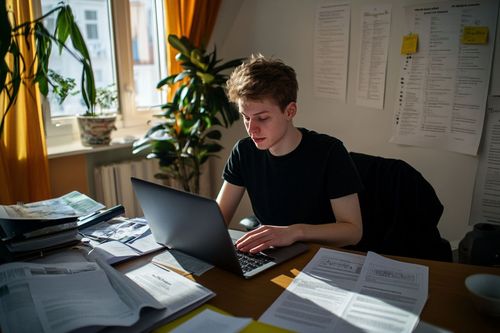 Mladý muž pracuje na notebooku u stolu, obklopený papíry a knihami. V místnosti je denní světlo, žluté závěsy a zelené rostliny.