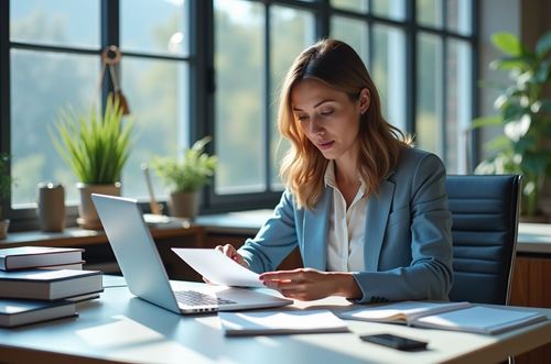 Žena sedí u stolu v kanceláři, pracuje na laptopu a drží papíry. V pozadí jsou velká okna a několik rostlin.