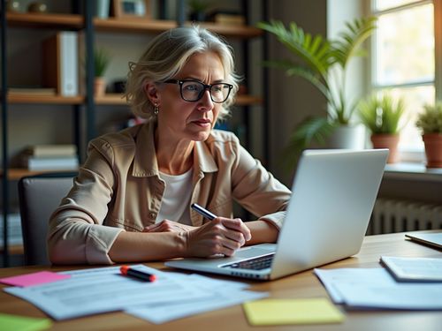 Žena s brýlemi sedí u stolu a pracuje na notebooku. Na stole jsou rozložené papíry a zvýrazňovače. V pozadí je vidět police s knihami a rostlinami.