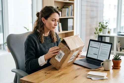 Žena sedí u stolu a drží v rukou kartonovou krabici. Vedle ní je otevřený notebook s dokumenty na obrazovce. Na stole jsou také hrnek, poznámkový blok a dvě malé rostliny.