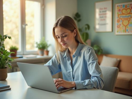 Žena sedí u stolu a pracuje na notebooku. Je v místnosti s rostlinami a obrázky na stěně.
