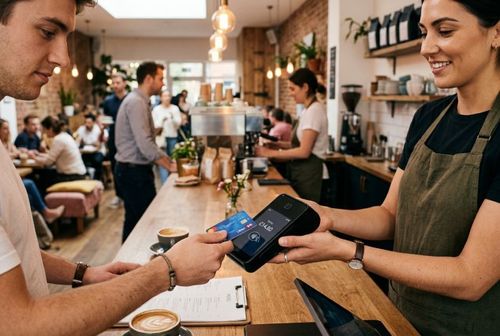 Muž platí kreditní kartou u pokladny v kavárně. Pokladní drží terminál pro bezkontaktní platby. V pozadí jsou další zákazníci a barista.