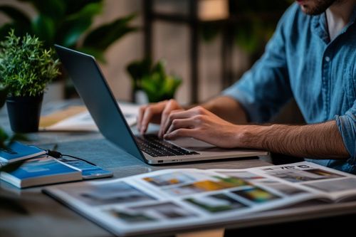 Osoba pracující na notebooku, obklopená papíry a rostlinou na stole.