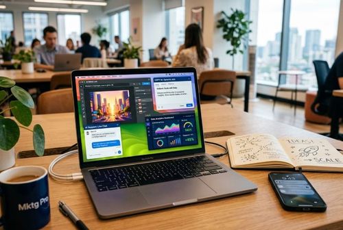 Na stole v moderní kanceláři je otevřený notebook s viditelným grafickým rozhraním, vedle něj je otevřený zápisník s kresbami a grafy. Na stole je také hrnek s nápojem a mobilní telefon. V pozadí jsou lidé pracující v kanceláři s výhledem na město.